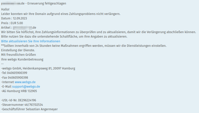 Phishing-Mail Beispiel - webgo GmbH