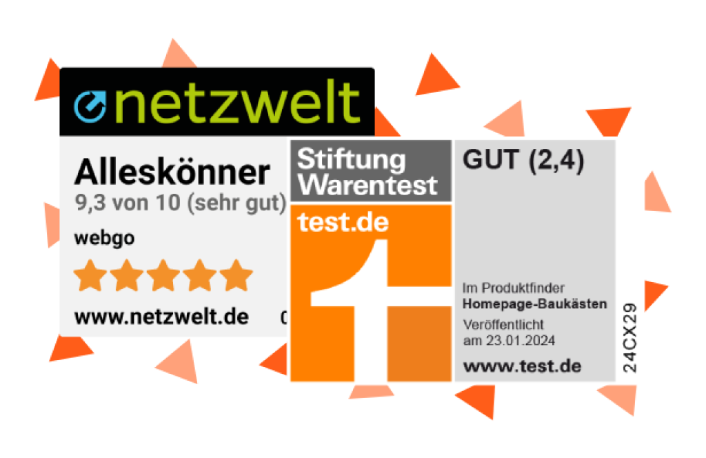 Erstellen Sie Ihre Website mit dem mehrfach ausgezeichnete Homepage-Baukasten von webgo!
Testsieger bei netzwelt und Qualitätsurteil "GUT" der Stiftung Warentest!.