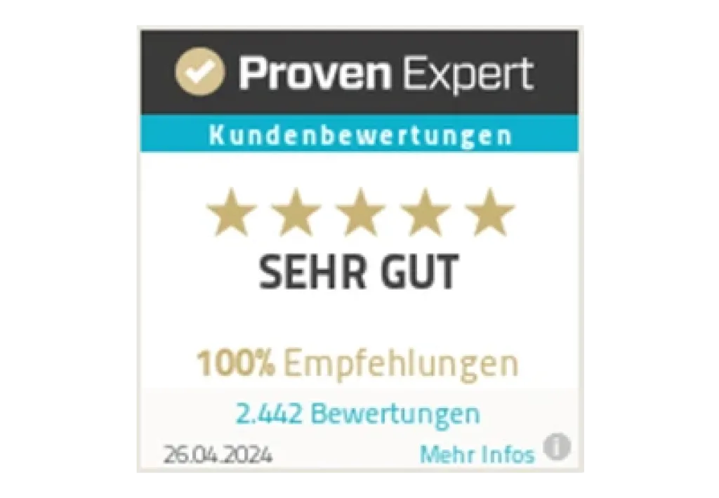 Dank der kontinuierlichen hohen Servicequalität, werden wir seit Jahren von Proven Expert mit "Sehr Gut" bewertet.