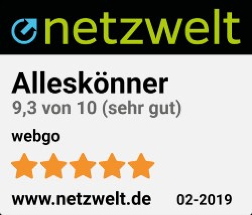 Der Homepage-Baukasten Test von netzwelt. webgo Testurteil SEHR GUT 9,3/10 - "Alleskönner".