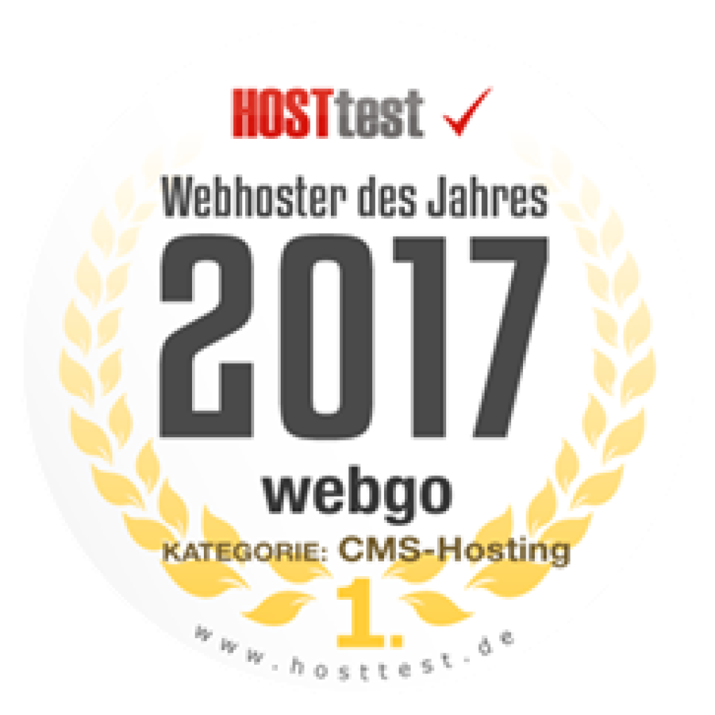 Titel Webhoster des Jahres 2017 HOSTtest - Kategorie CMS-Hosting Platz 1.