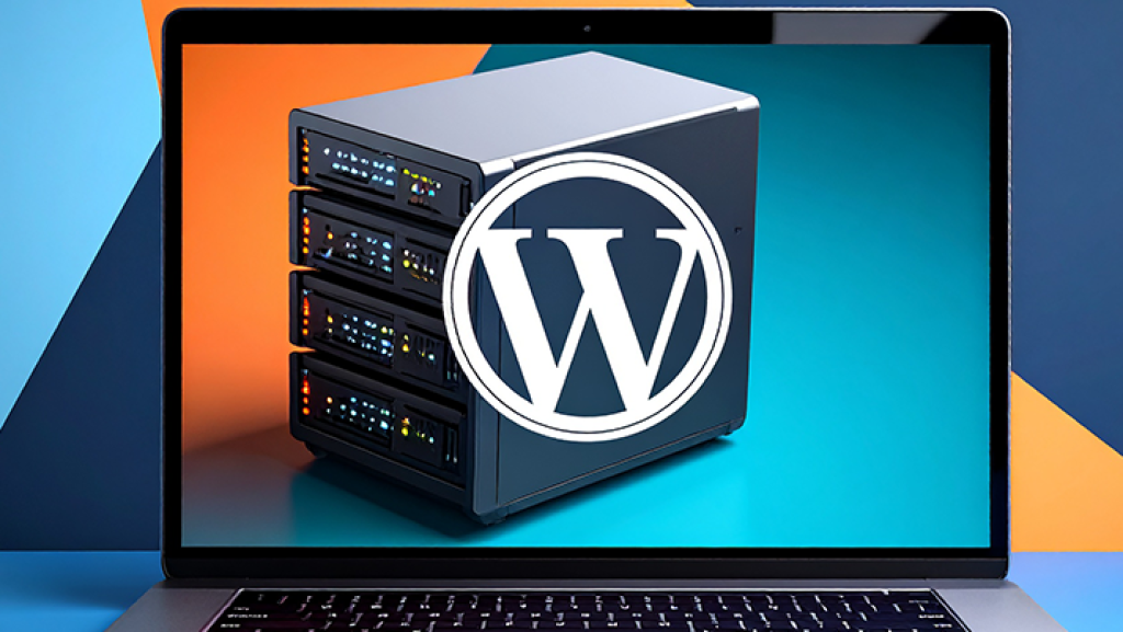Laptop mit Server-Grafik und WordPress-Logo auf dem Bildschirm, symbolisiert modernen NVMe Webhosting-Vergleich zu SSD und HDD.