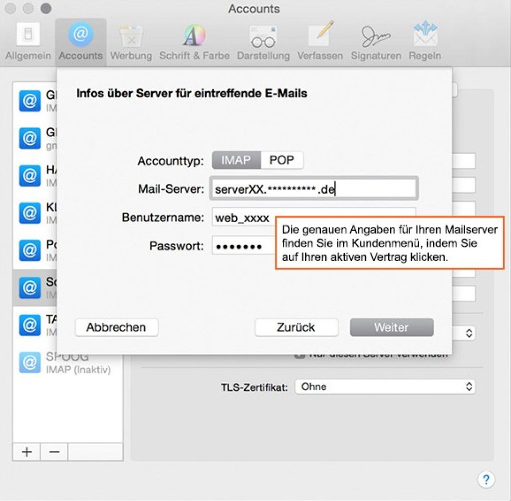 Apple Mail - Serverinformationen eingeben.