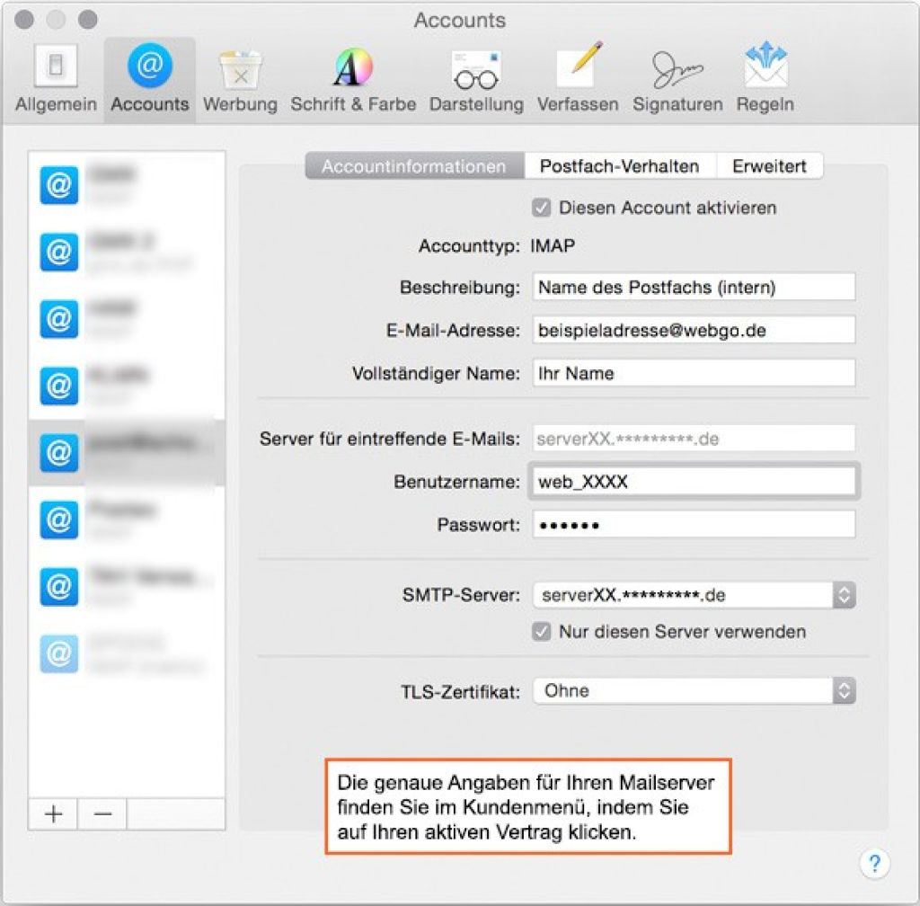Apple Mail - Accountinformationen einstellen.