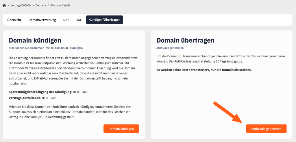 Im webgo Kundenportal kann man über die Domainübersicht auf "Kündigen/Übertragen" klicken und sich dort ein AuthCode generieren.