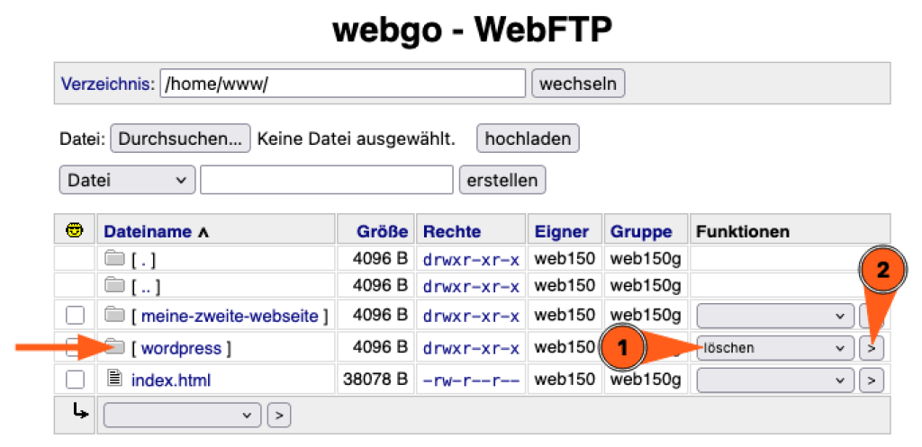 Sie können über den WebFTP Ihr WordPress-Verzeichnis unwiderruflich löschen.