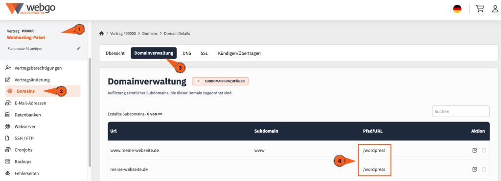 Über das webgo Kundenportal könnt Ihr einsehen, wie genau Euer WordPress-Installationsverzeichnis heißt.