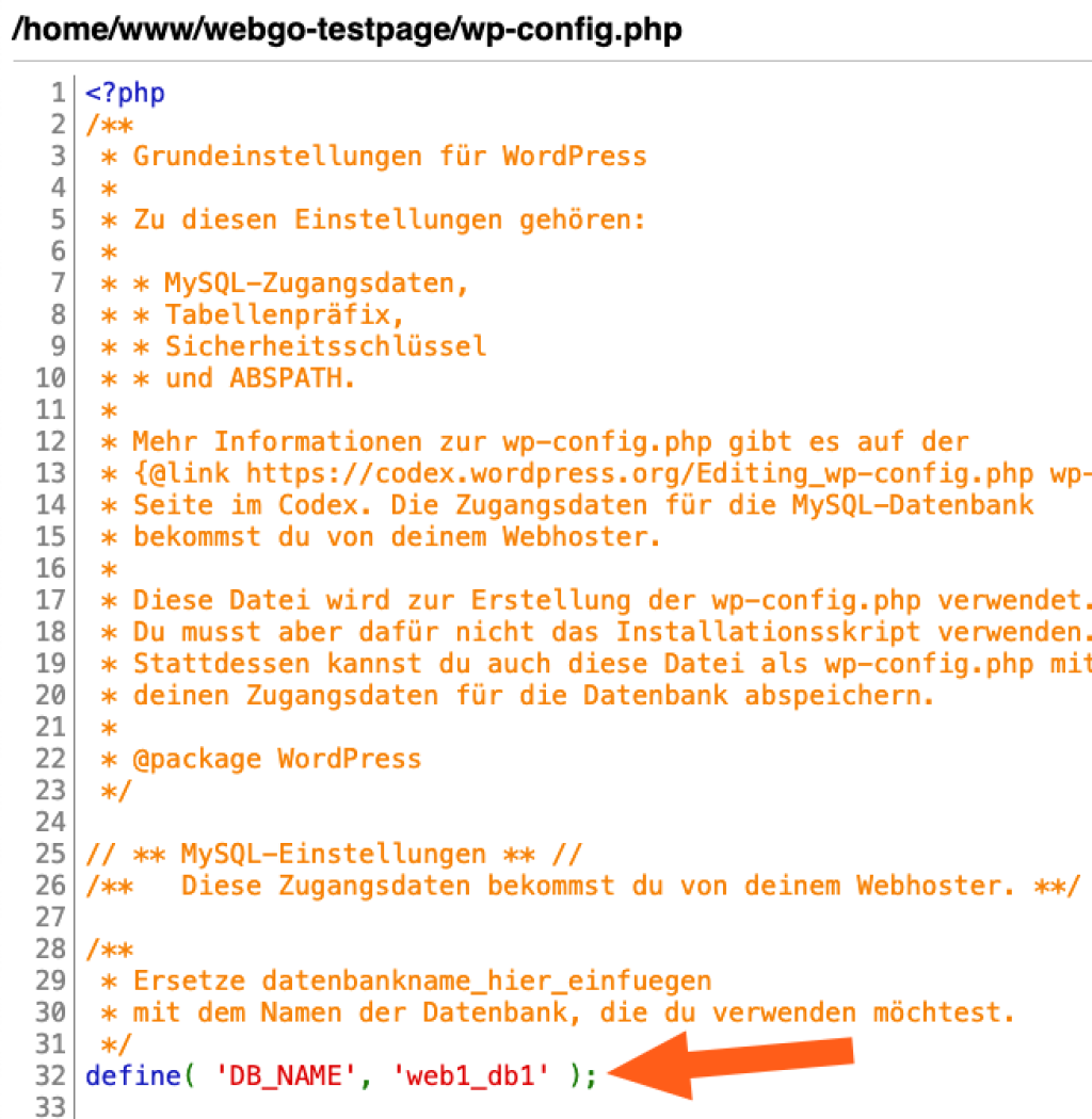 Den Datenbankname Ihrer WordPress-Seite findet Ihr jederzeit innerhalb der config.php-Datei, meist in Zeile 32.