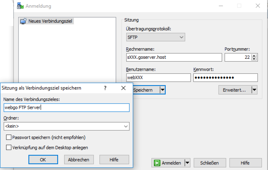 Ansicht der Anmeldeseite auf WinSCP, in welcher die FTP Zugangsdaten eingetragen werden müssen.