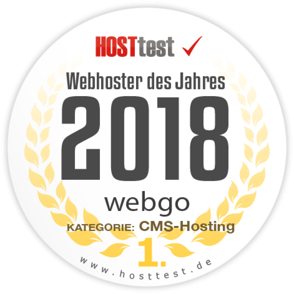 Auszeichnung Webhoster des Jahres 2018 HOSTtest - Kategorie CMS-Hosting Platz 1.