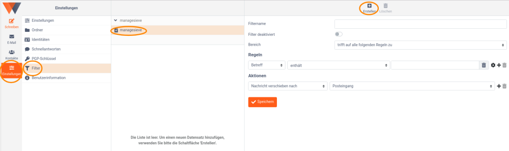 Screenshot des Roundcube-Webmailers von webgo. Links sind die Navigationpunkte Schreiben, E-Mail, Kontakte und Einstellungen. Im Screenshot ist der Menüpunkt Einstellungen ausgewählt und zeigt das Untermenü davon an. Dieses Untermenü beinhaltet: Einstellungen, Ordner, Identitäten, Schnellantworten, PGP-Schlüssel, Filter und Benutzerinformation. Ausgewählt ist der Menüpunkt Filter. Hierdurch wird der vorhandene Standardfilter namens "managesieve" dargestellt. Dies kann jedoch auch namentlich mal abweichen. Im Screenshot ist dieser Filter ausgewählt und man soll oben-rechts auf den Button mit der Beschriftung "Erstellen" klicken, damit daraufhin eine Filtereinstellung bzw. ein Formular auftaucht.