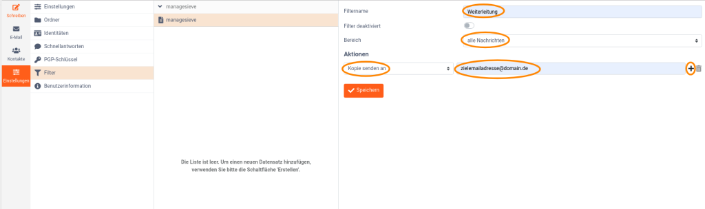 Screenshot des Roundcube-Webmailers von webgo. Das Screenshot zeigt die notwendige Einstellung des Weiterleitungsfilter, damit eine korrekte Weiterleitung hinterlegt ist.