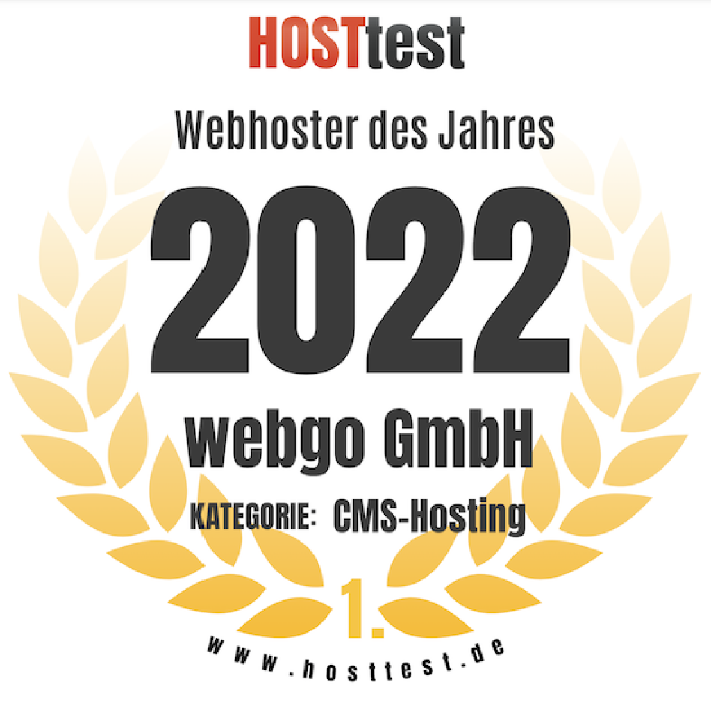 Titel Webhoster des Jahres 2022 HOSTtest - Kategorie CMS-Hosting Platz 1.