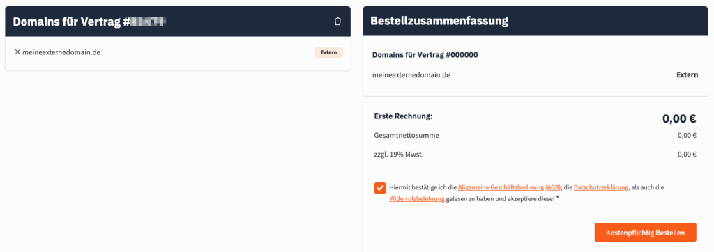 Ihre externe Domain wird in den Warenkorb hinzugefügt, ist aber vollkommen kostenlos.