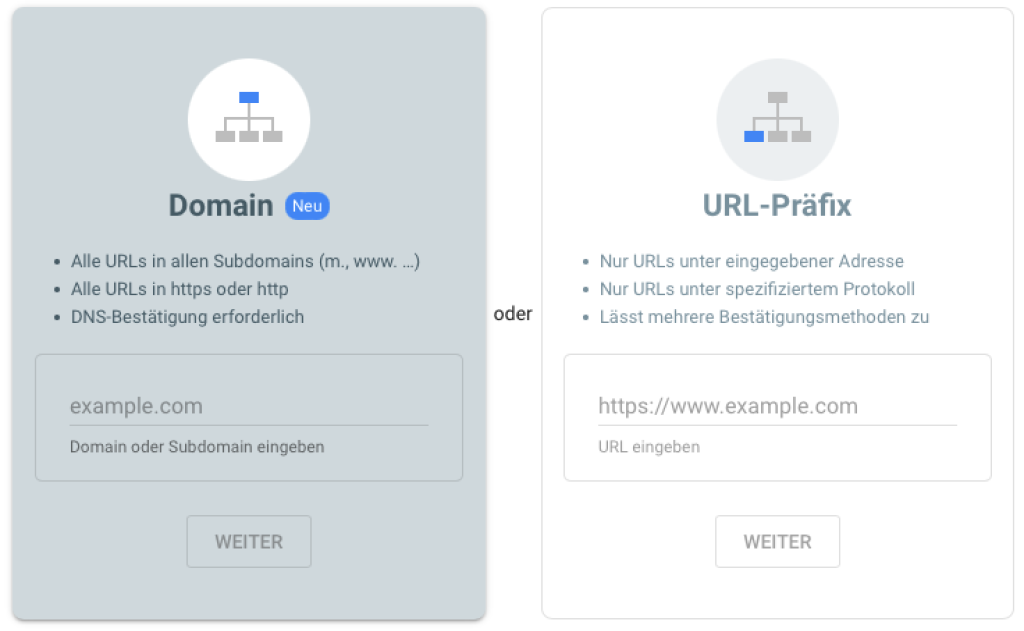 Um Ihre Domain verifizieren zu können, müssen Sie zwischen zwei Property-Typen wählen: Domain und URL-Präfix.