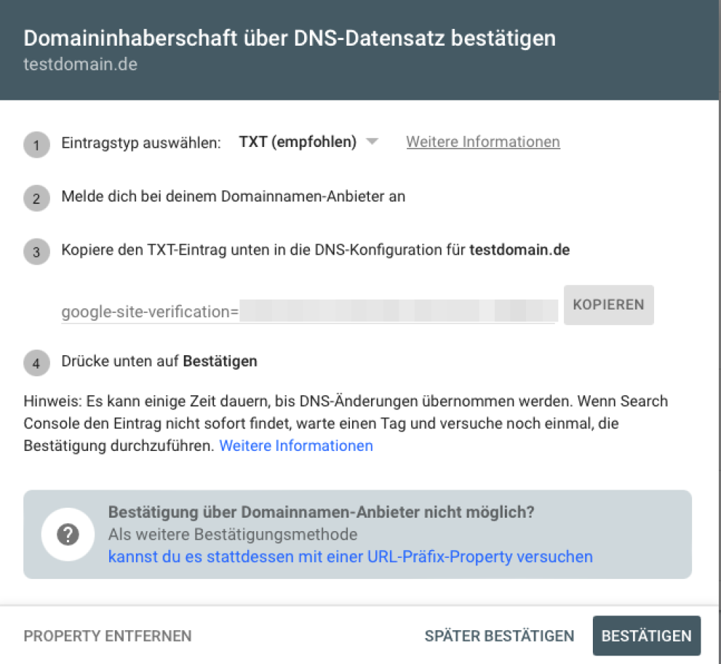 Im Einstellungsfenster der Domaininhaberschaft wird ein TXT-Eintrag generiert, welchen Sie rauskopieren und in Ihre DNS-Verwaltung im webgo Kundenportal einfügen müssen.