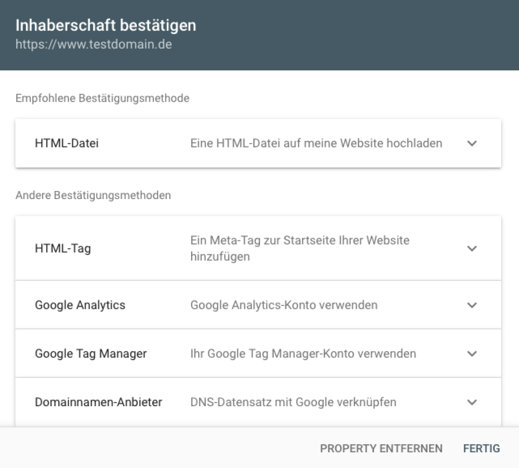 Wenn Sie Ihre Domain über die Property-Art "URL-Präfix" verifizieren möchten. haben Sie mehrere Methoden wie z.B. über eine HTML-Datei, Über einen HTML-Tag oder über ein bestehendes Google-System wie z.B. Google Analytics oder Google Tag Manager.
