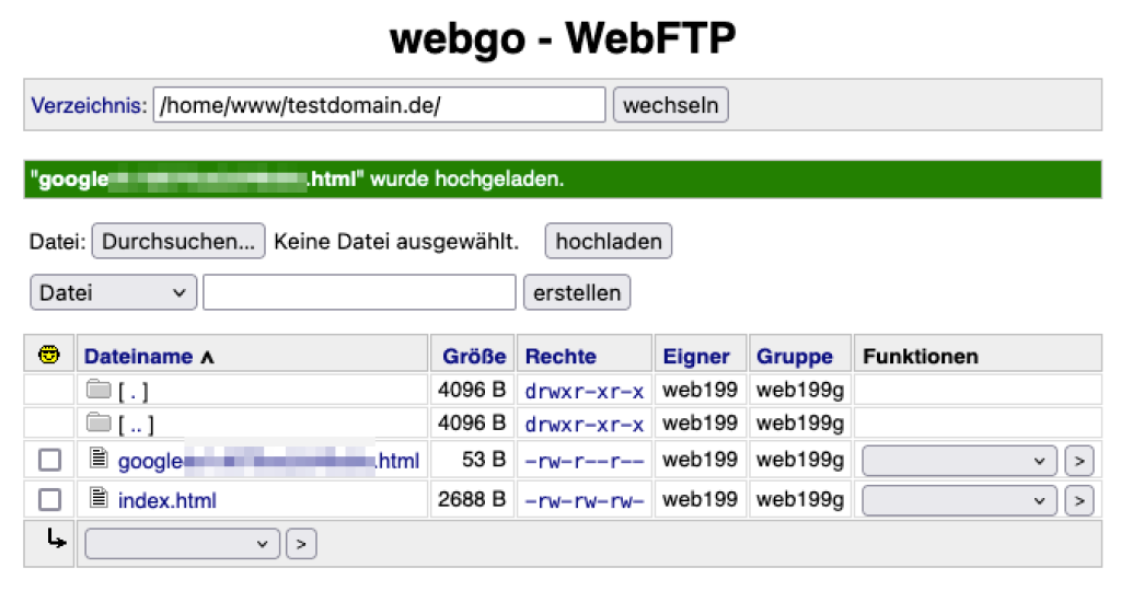 Sie können die Google HTML-Datei über unseren WebFTP auf Ihren Webspace hochladen.